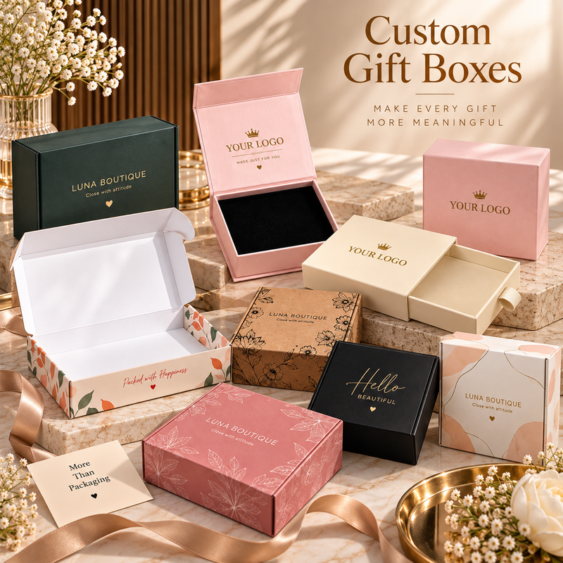 Custom gift boxes in pink, cream, black, and floral designs arranged in a premium gifting display for personalized packaging.
