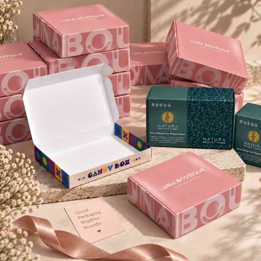 Custom tuck top boxes arranged in bulk with printed branding, colorful packaging designs, and an open box demonstrating premium custom packaging for businesses.