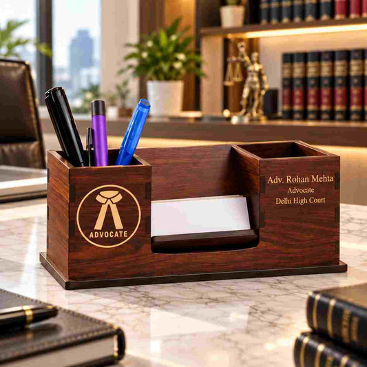 Modern advocate office desk organizer with gold Advocate logo and personalized Adv. Rohan