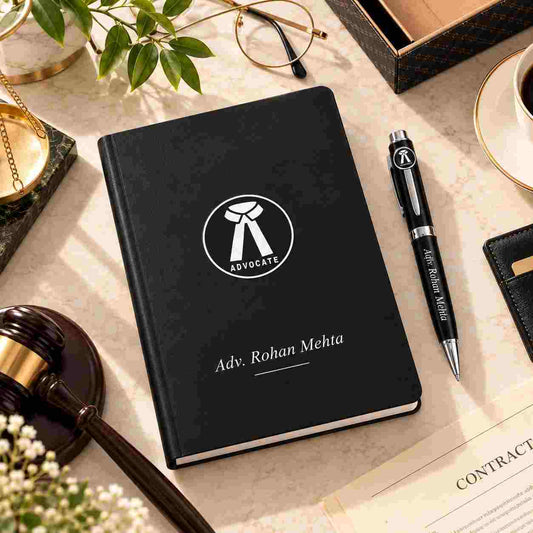 Premium Advocate personalized diary and pen gift set with Adv. Rohan Mehta branding on a warm executive desk