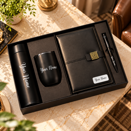 Personalized black corporate gift set with bottle, mug, leatherette diary and pen arranged on an elegant ivory marble table in a premium office setting.