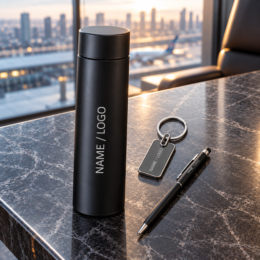 Black corporate gifting bottle, personalized keychain, and pen displayed without the gift box on a marble table near an airport window