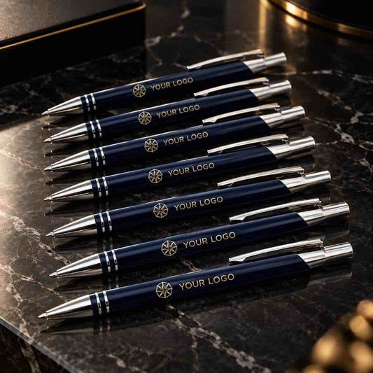 customized navy blue ballpoint pens with gold YOUR LOGO branding arranged elegantly on a black marble surface, showcasing premium personalized pens for corporate gifting, executive gifts, and branded business accessories.