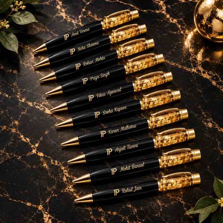 Personalized black and gold pens with engraved names arranged diagonally on luxurious black marble, showcasing premium corporate gifting.