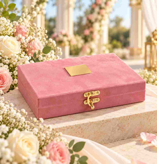 Dusty rose pink velvet jewellery gift box with gold plaque on ivory marble