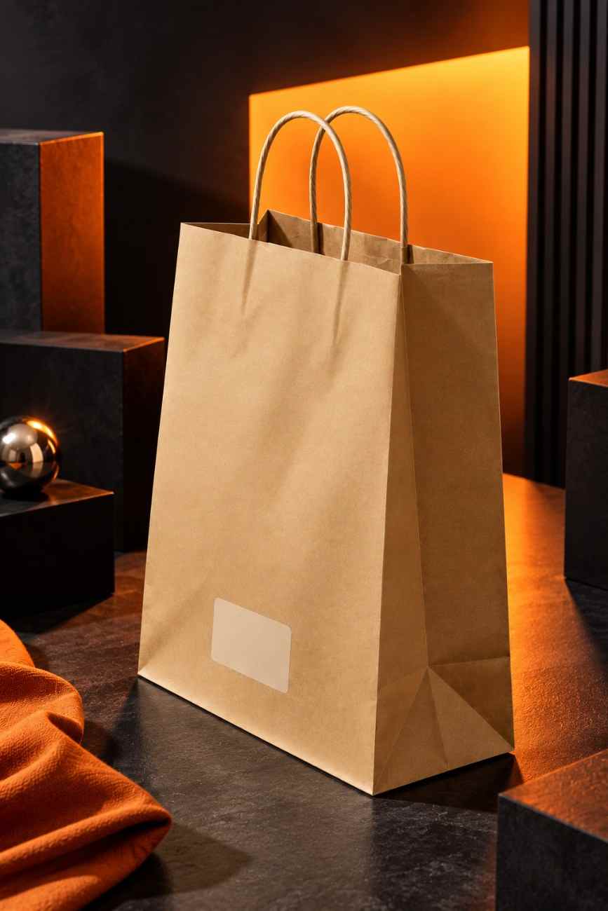 Large brown kraft paper carry bag showcased from a dramatic side angle against a charcoal and acid orange backdrop