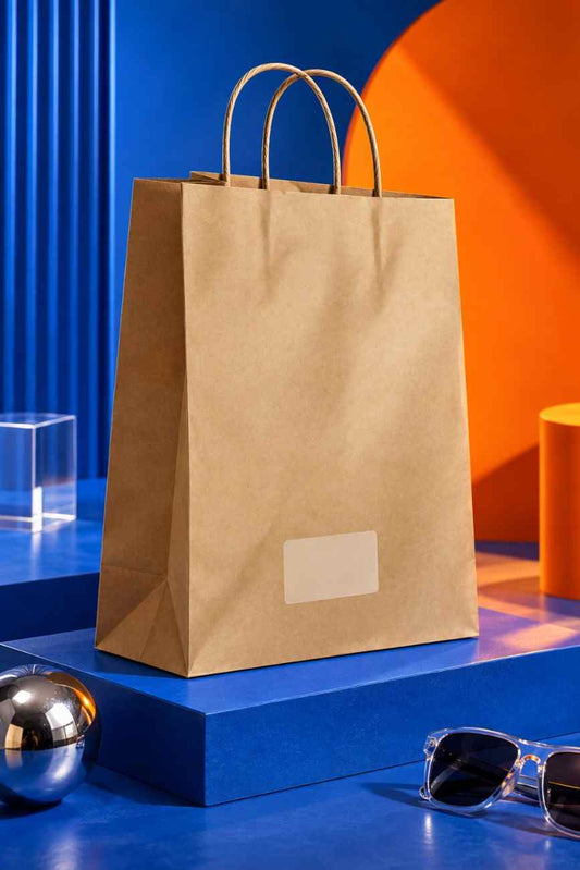 Brown kraft paper carry bag displayed from a front-left angle on a cobalt blue platform with vibrant orange accents