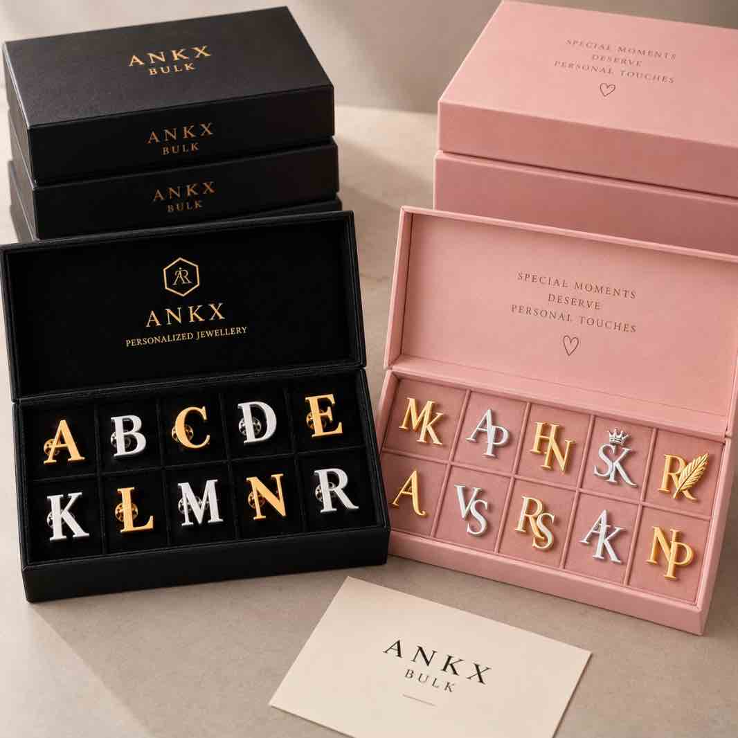 Personalized gold and silver initial brooches displayed in pink and black ANKX Bulk gift boxes for corporate gifting