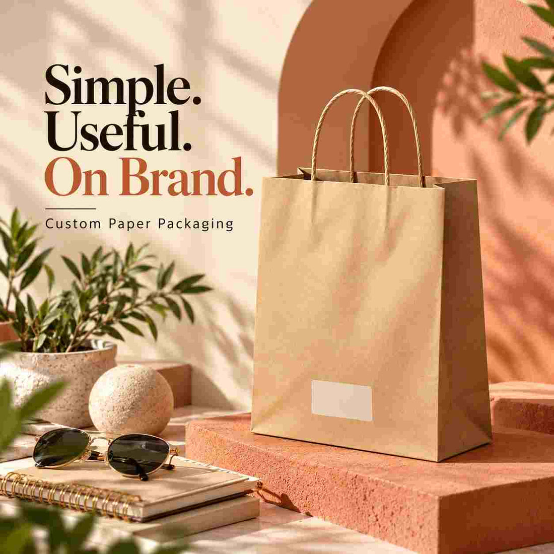 Kraft paper shopping bag with a blank label, styled with sunglasses, a notebook, and greenery beside it, promoting custom paper packaging.