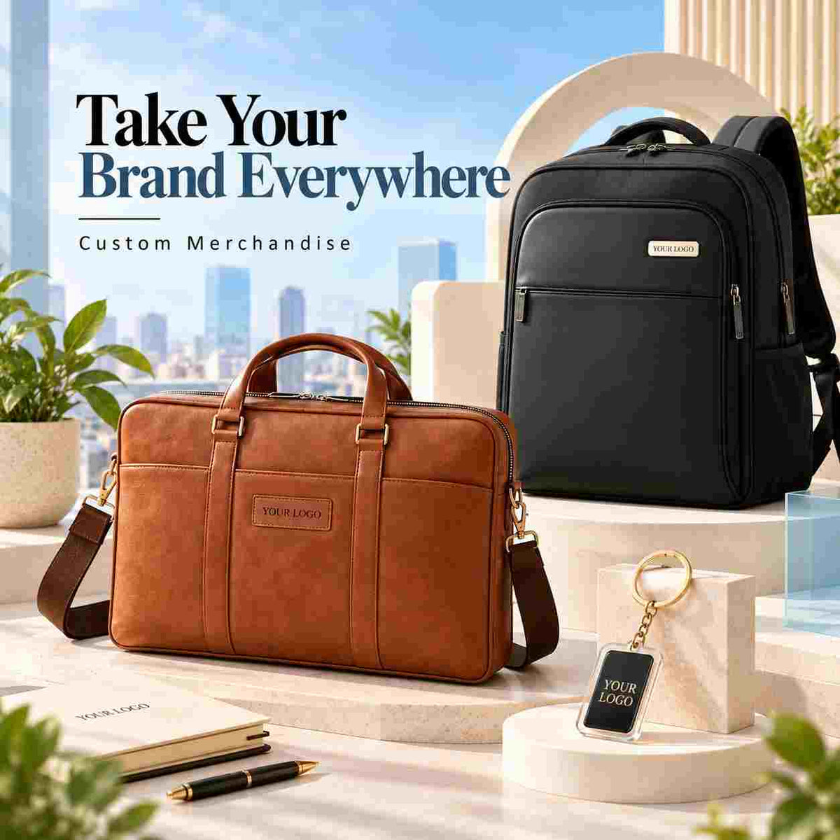 Brown leather laptop bag, black backpack, and branded keychain arranged with stationery, promoting personalized corporate merchandise