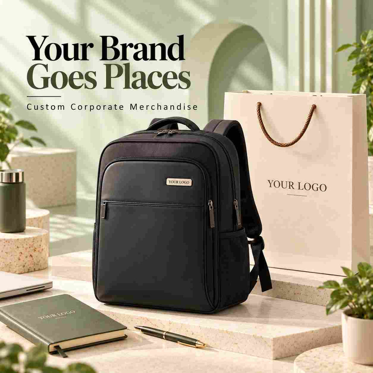 Branded black corporate backpack with custom logo gift bag and office accessories