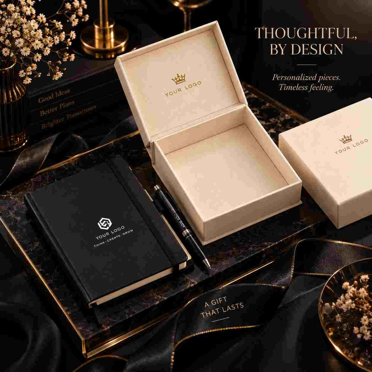 "Open cream gift box with tissue paper beside a black branded notebook, pen, and closed gift boxes with 'Your Logo' placeholder, styled with gold accents and dried flowers — 'Thoughtful, By Design' corporate gifting banner."  