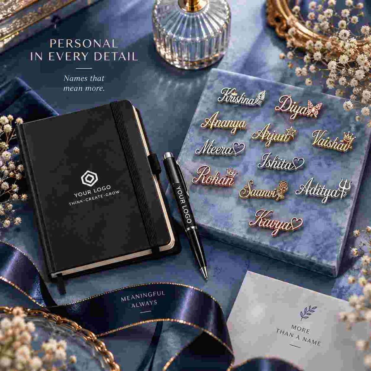 "Flat lay of ANKX personalized name jewellery pieces, a black branded notebook with logo placeholder, matching pen, gift card, and pearl and ribbon accents on a blue backdrop — 'Personal in Every Detail, Meaningful Always' branding."