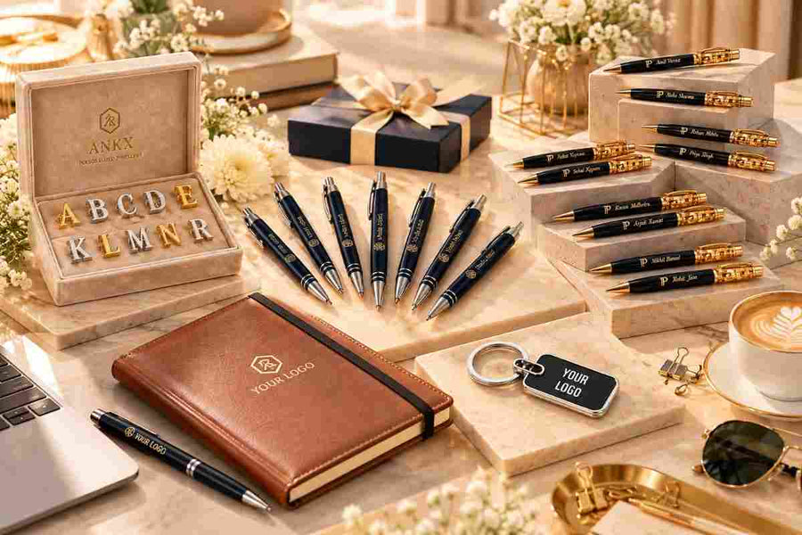 Premium personalized corporate gifting collection featuring engraved pens, custom notebook, logo keychain, monogram gift box, and elegant office desk décor.