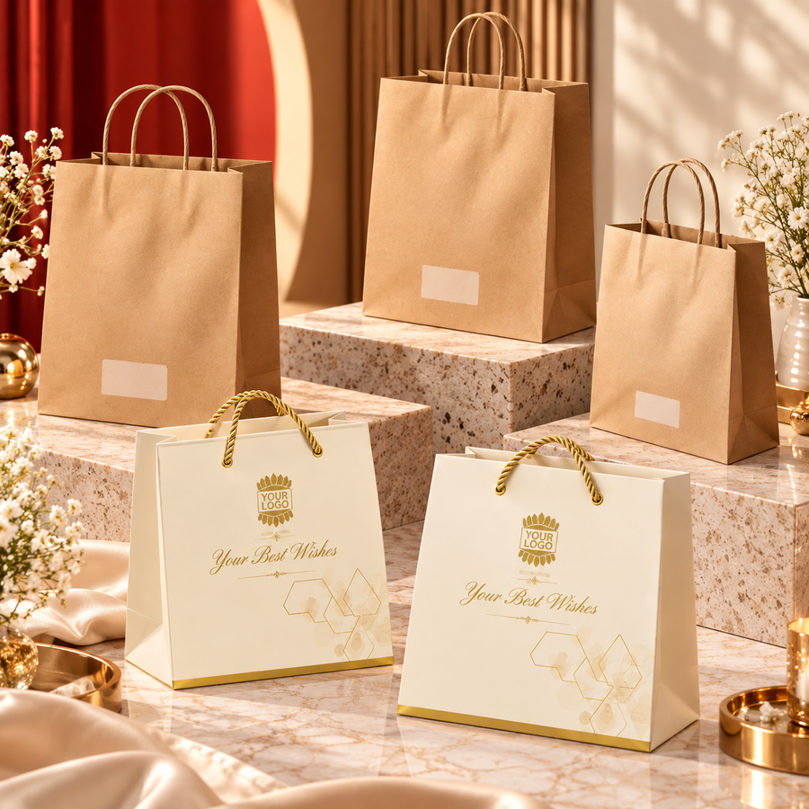 Custom brown kraft paper bags and premium cream shopping bags with gold rope handles for apparel boutiques, fashion stores, and luxury retail packaging.