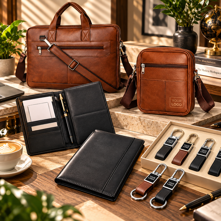 Premium bespoke leather bags, crossbody bags, organizers, folios and personalized leather keychains styled for professional and everyday use.
