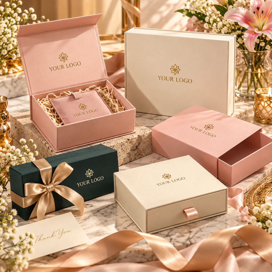Luxury rigid gift packaging for boutiques and e-commerce featuring custom logo gift boxes in premium pink, cream and green designs