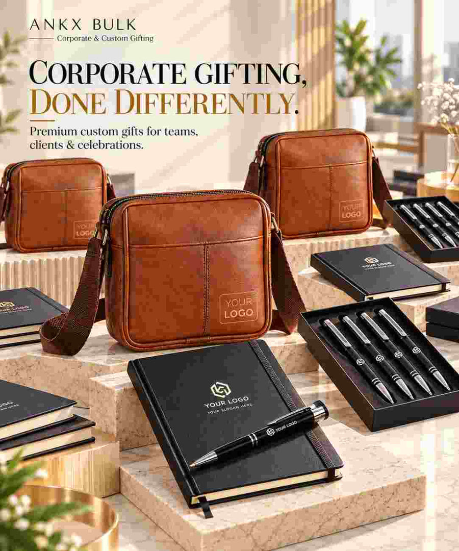 Premium corporate gifting set with personalized leather bag, notebook, pen set and accessories