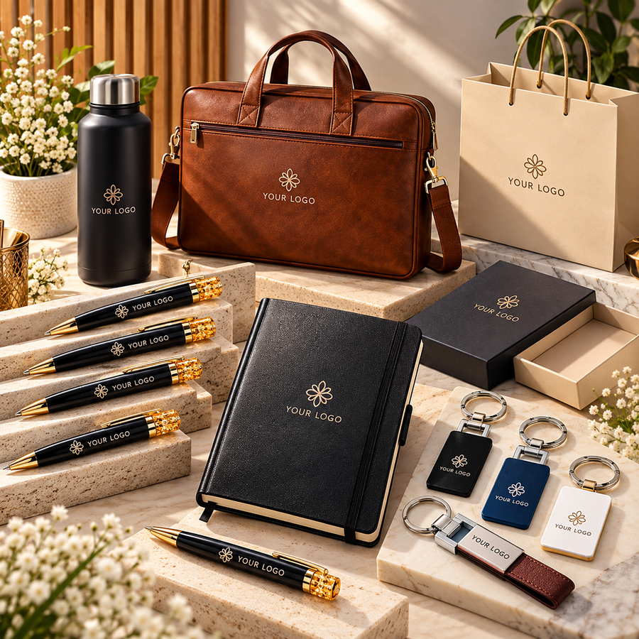 Custom branding products featuring personalized bags, notebooks, pens, keychains, gift boxes and corporate accessories by ANKX