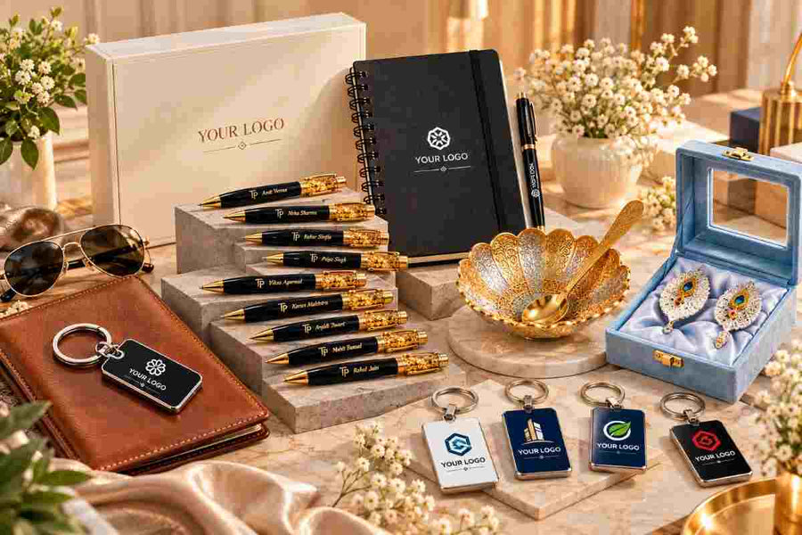 Premium corporate gifting collection arranged together on a marble table, featuring personalized black and gold pens, branded notebooks and gift boxes, custom logo keychains, leather accessories, an ornate gold bowl, and a light blue velvet jewellery box.