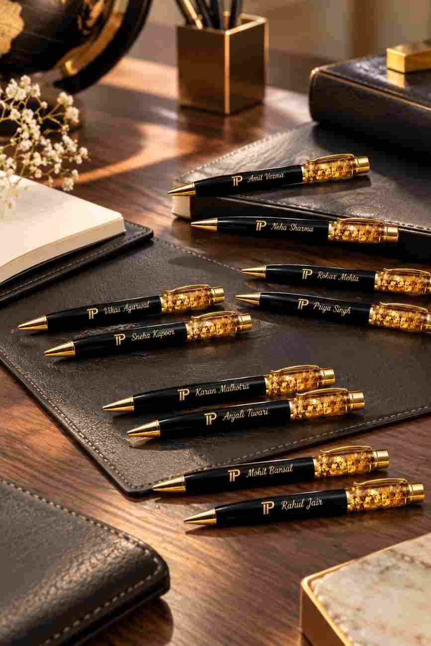Personalized black and gold corporate pens with engraved names arranged on a premium leather desk mat in a luxury executive office setting.