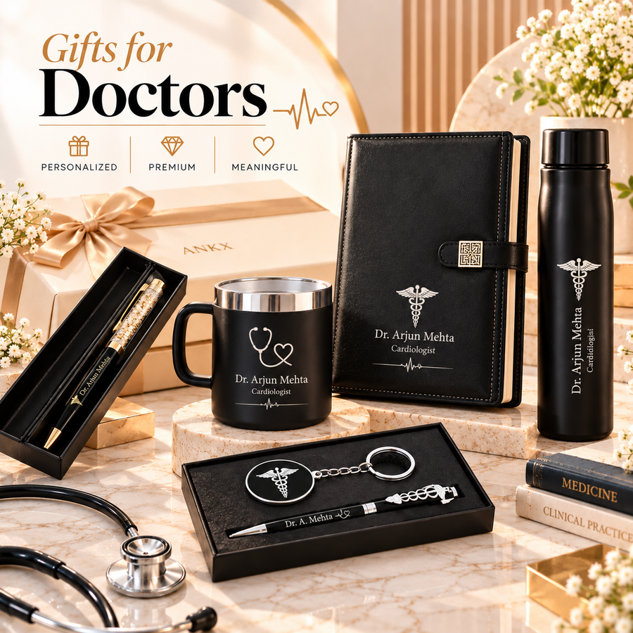 Personalized doctor gift set featuring an engraved pen, medical keychain, custom diary, steel mug and bottle, styled as a premium corporate gift for doctors.