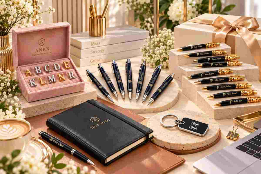 Premium corporate gifting collection featuring personalized pens, custom logo notebooks, engraved keychains, monogram gift boxes, and elegant office desk décor.