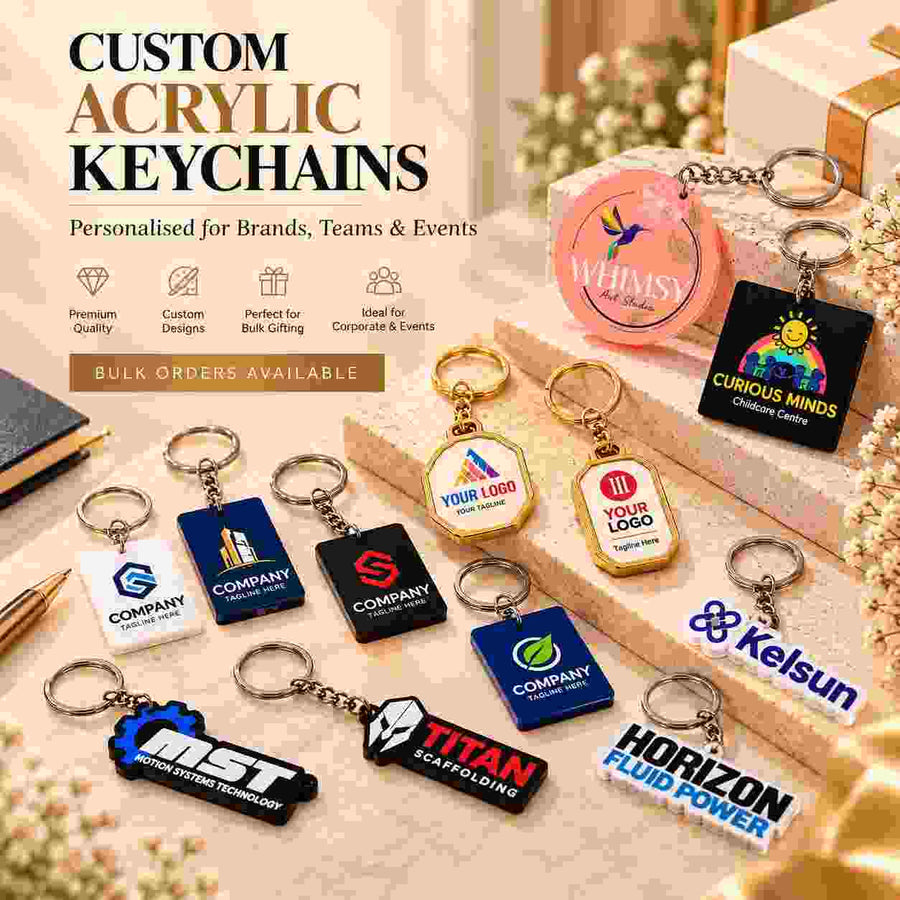Custom acrylic keychains with personalized company logos and designs, ideal for corporate gifting, promotional events, teams, and bulk orders.