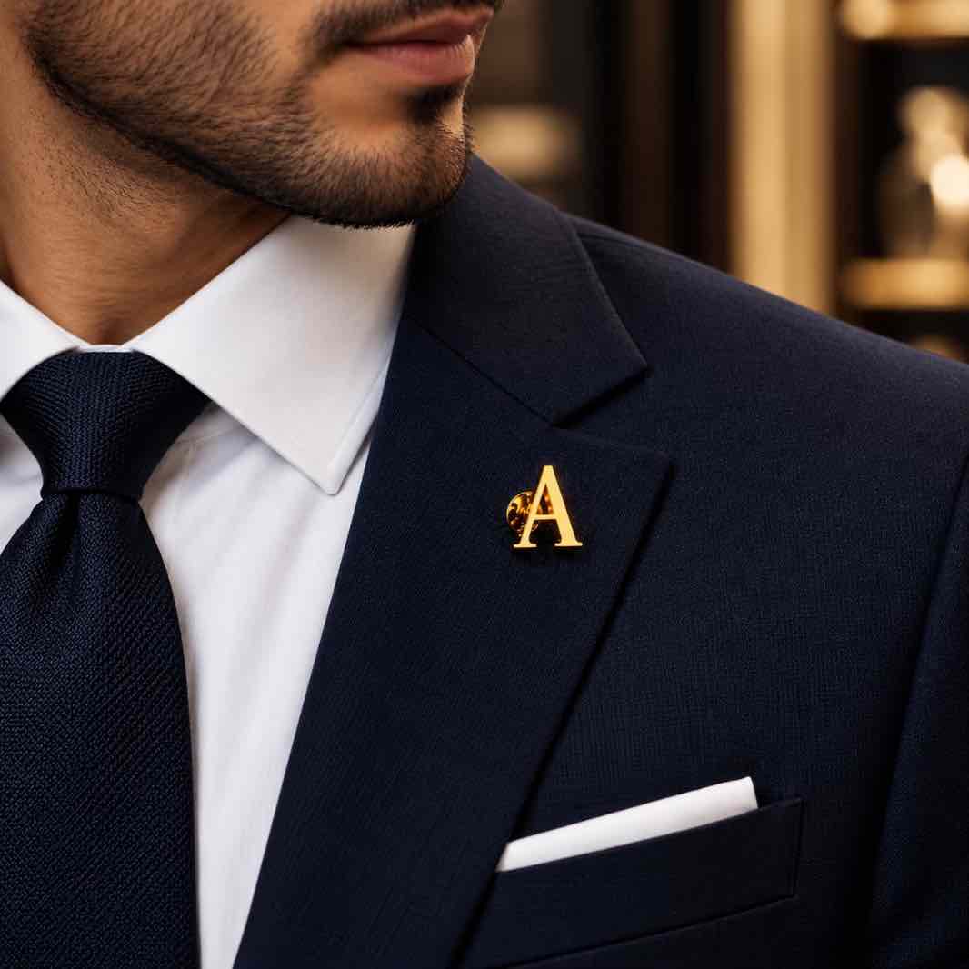 Man wearing initial letter brooch pin on blazer 