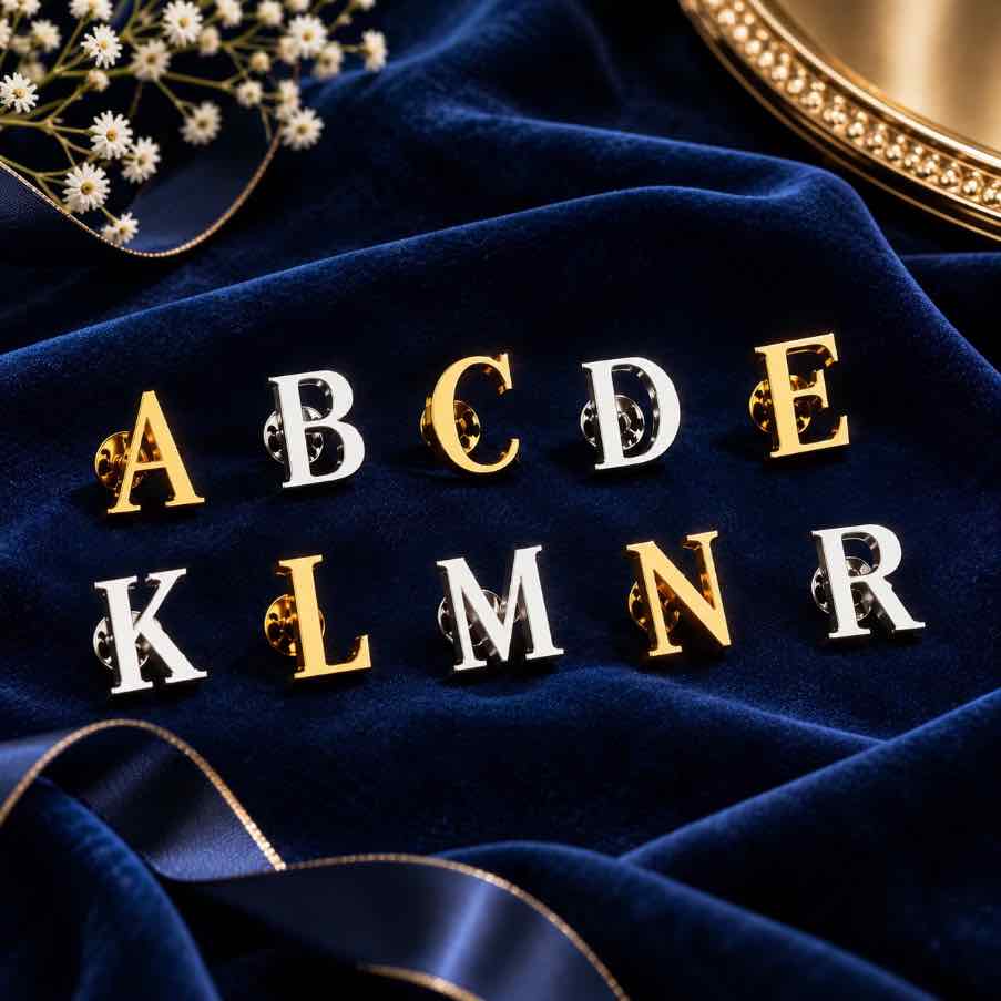 Complete set of alphabet letter lapel pins on velvet fabric