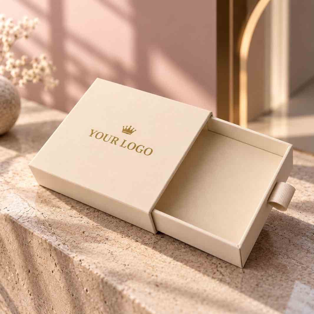 Ankx custom logo jewellery gift box with sliding drawer open on stone ledge