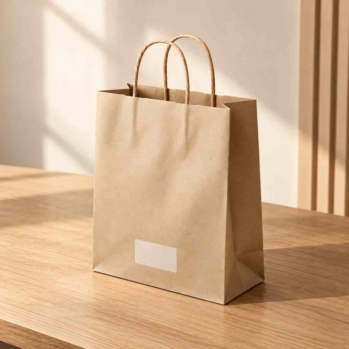 Custom beige paper shopping bag with twisted handles showcased on a warm wooden surface in a luxury setting