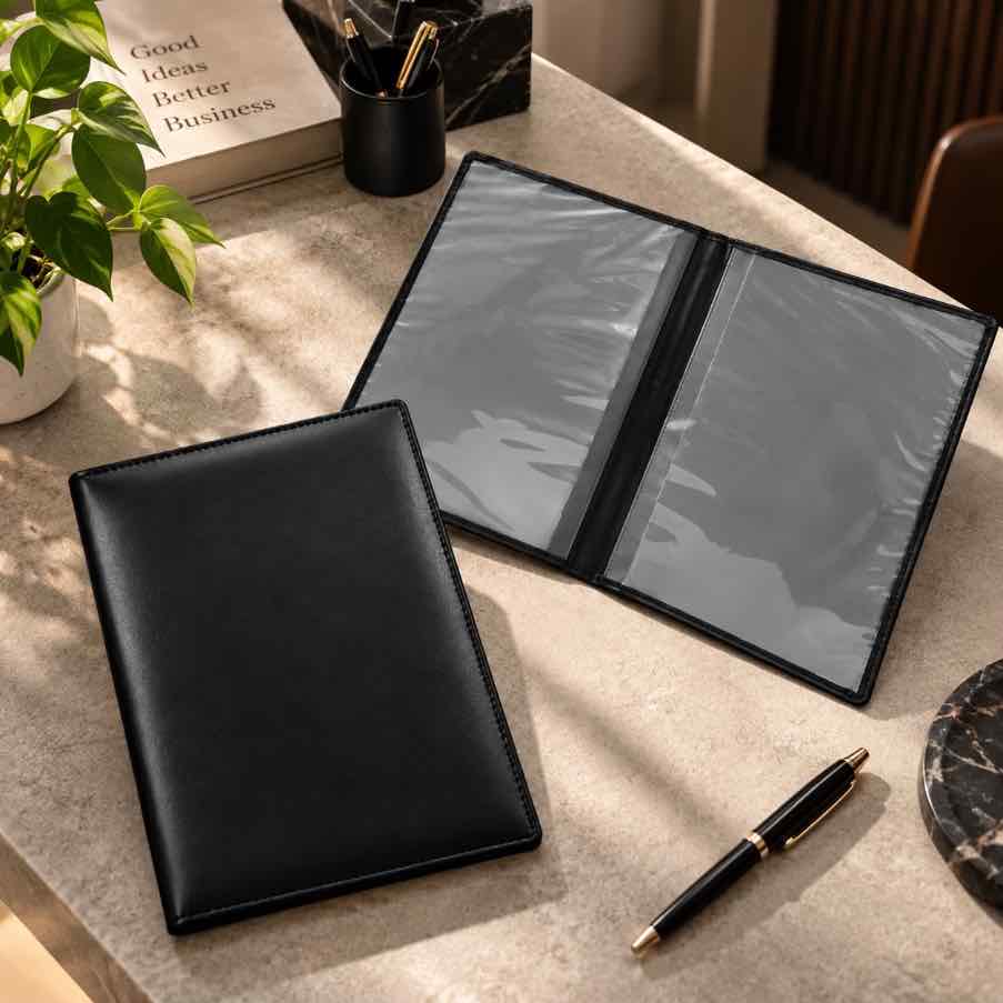 Black leather file holder shown with one closed cover and one opened file displaying transparent inner document pockets on a professional office desk.