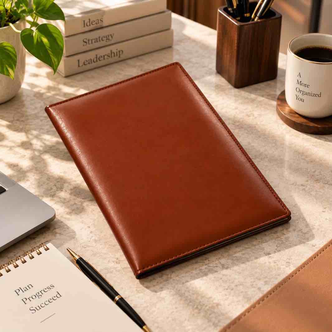 A brown leather planner or notebook cover lies open on a marble desk surrounded by office props including a pen, notebook, books, a plant, and a coffee mug.