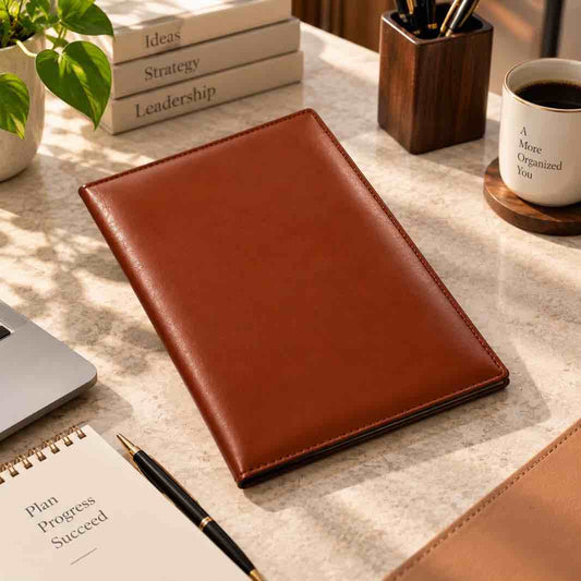 A brown leather planner or notebook cover lies open on a marble desk surrounded by office props including a pen, notebook, books, a plant, and a coffee mug.