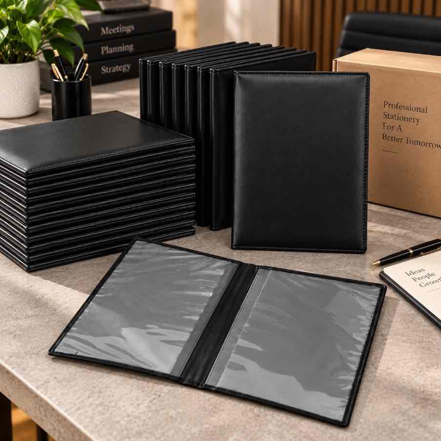 Multiple black leather file holders arranged in bulk with one file opened to show the transparent document pockets, ideal for corporate gifting.