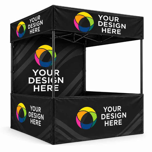 Custom black promotional canopy tent with branded roof and side panels featuring “Your Design Here” graphics, displayed on a clean white background for outdoor events and promotions.