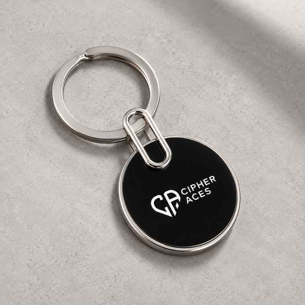 Custom black circular CIPHER ACES metal keychain displayed at an angled view on a light concrete surface