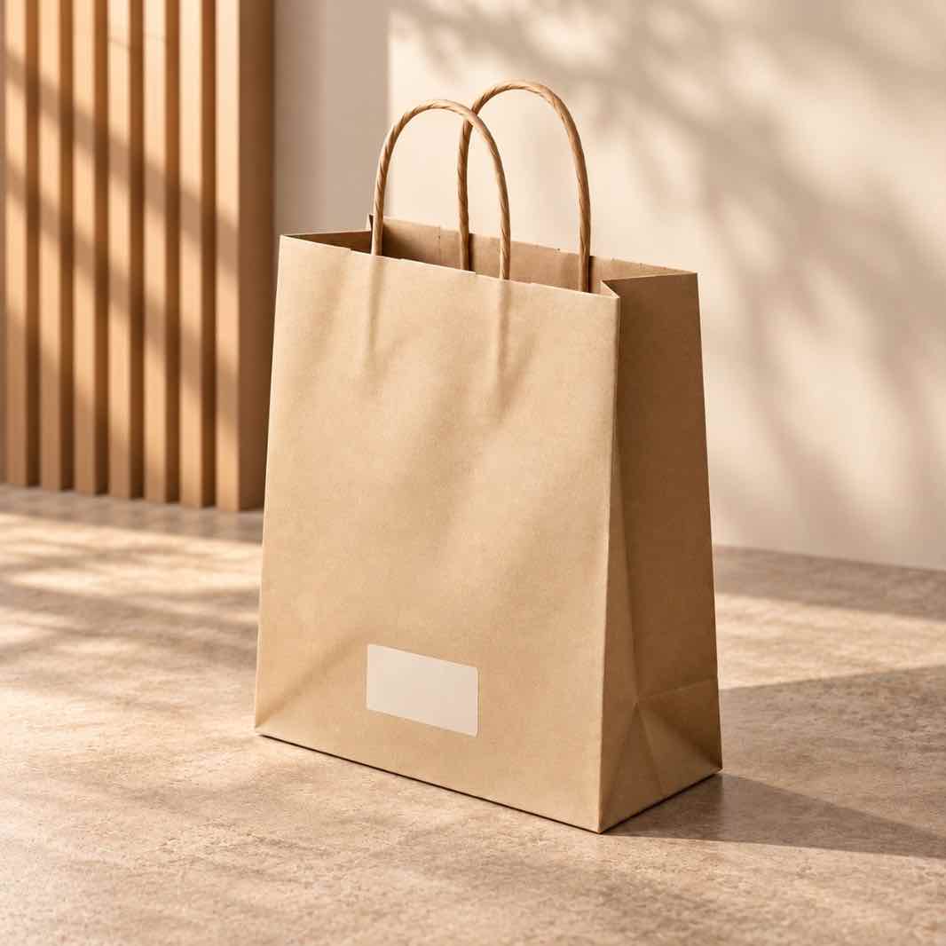 Beige custom kraft paper shopping bag with twisted handles displayed in a premium minimalist setting