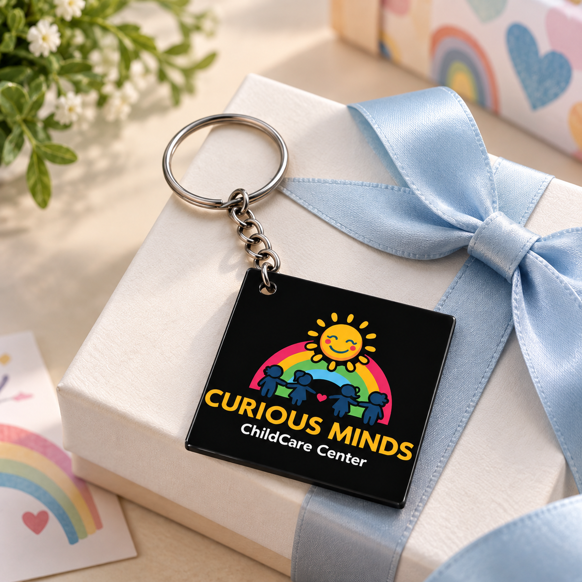 Curious Minds ChildCare Center personalized keychain with black acrylic tag and silver chain displayed on a white gift box with pastel ribbon
