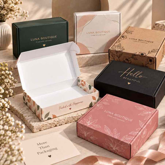 Custom printed tuck top boxes displayed in multiple colors and patterns, showcasing premium branded packaging designs for retail, gifting, and e-commerce businesses.