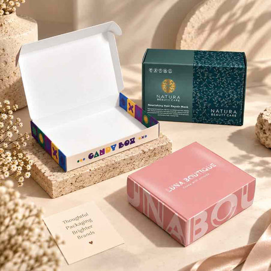 Custom printed tuck top boxes featuring colorful patterns, floral prints, and branded designs, arranged in a premium studio setting for modern product packaging.