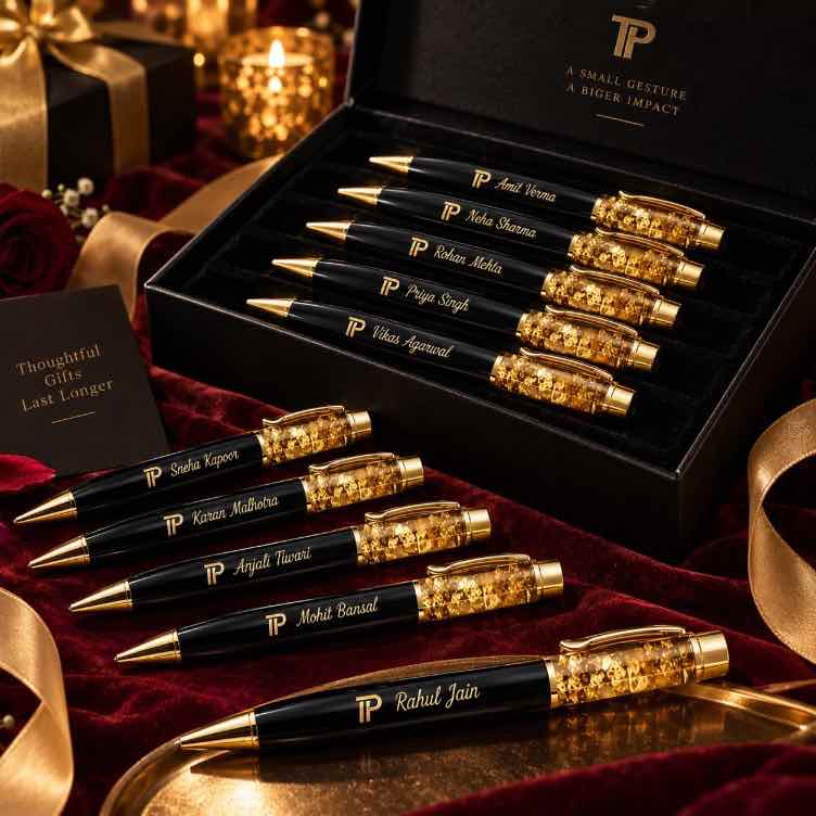 Personalized black and gold pens arranged inside and around a luxury black gift box on burgundy velvet with gold ribbon and rose petals.
