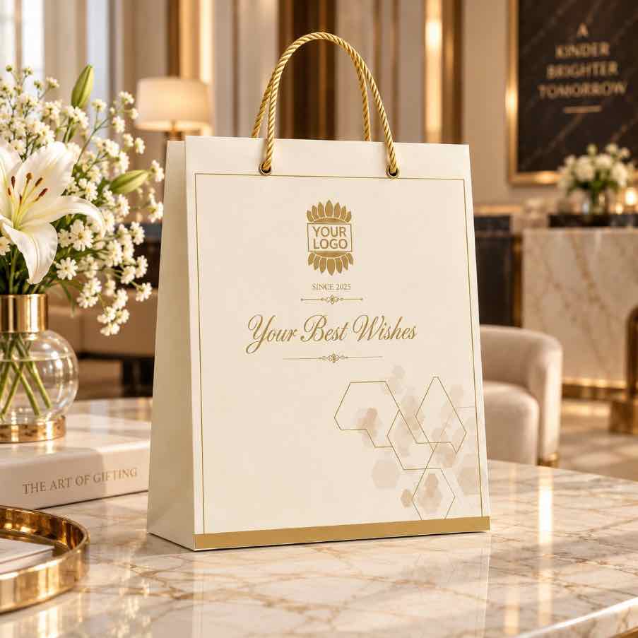 Custom logo gift bag with braided rope handles and geometric foil accent