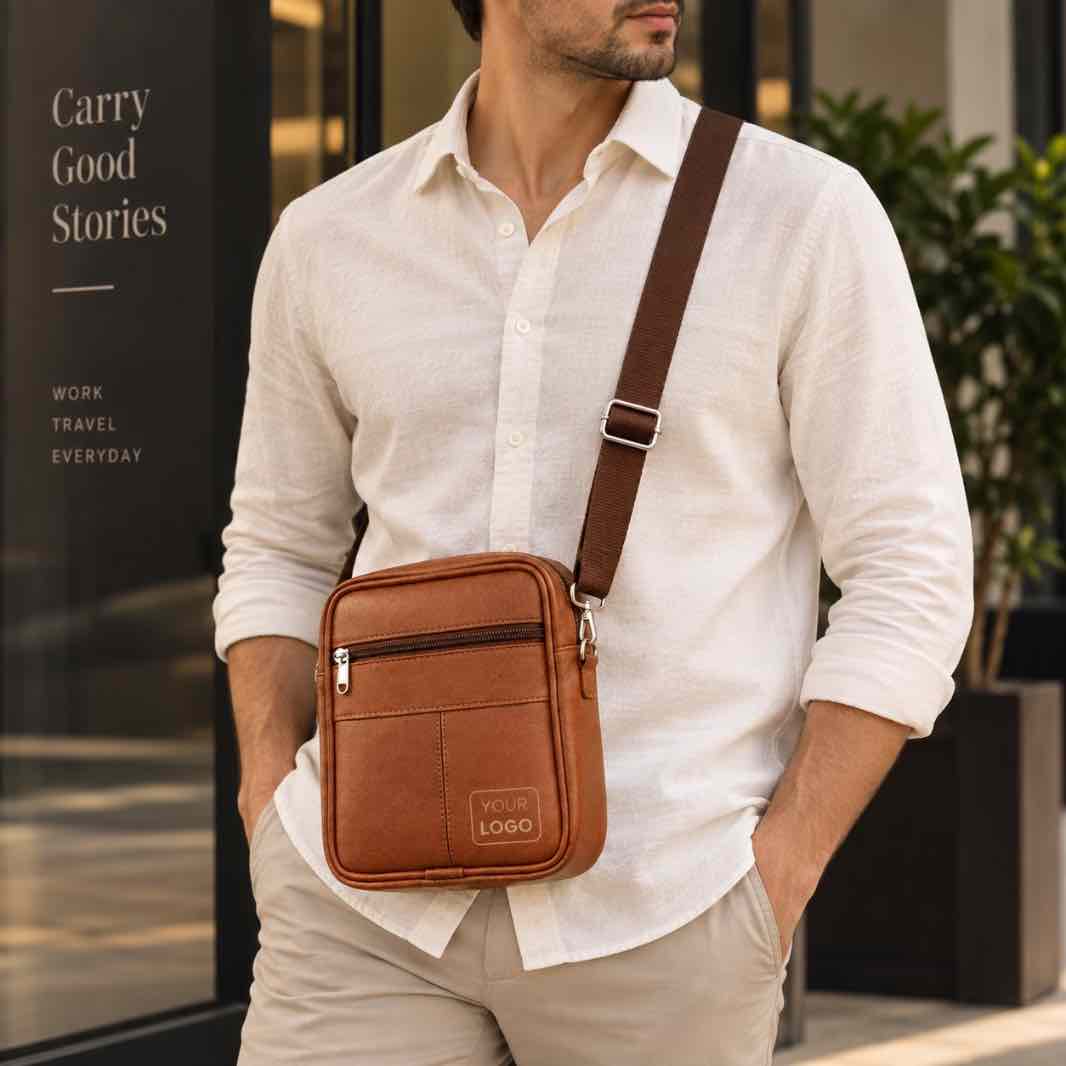Man wearing custom logo leather sling bag as crossbody