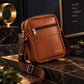 Custom logo leather sling bag angled view on marble surface