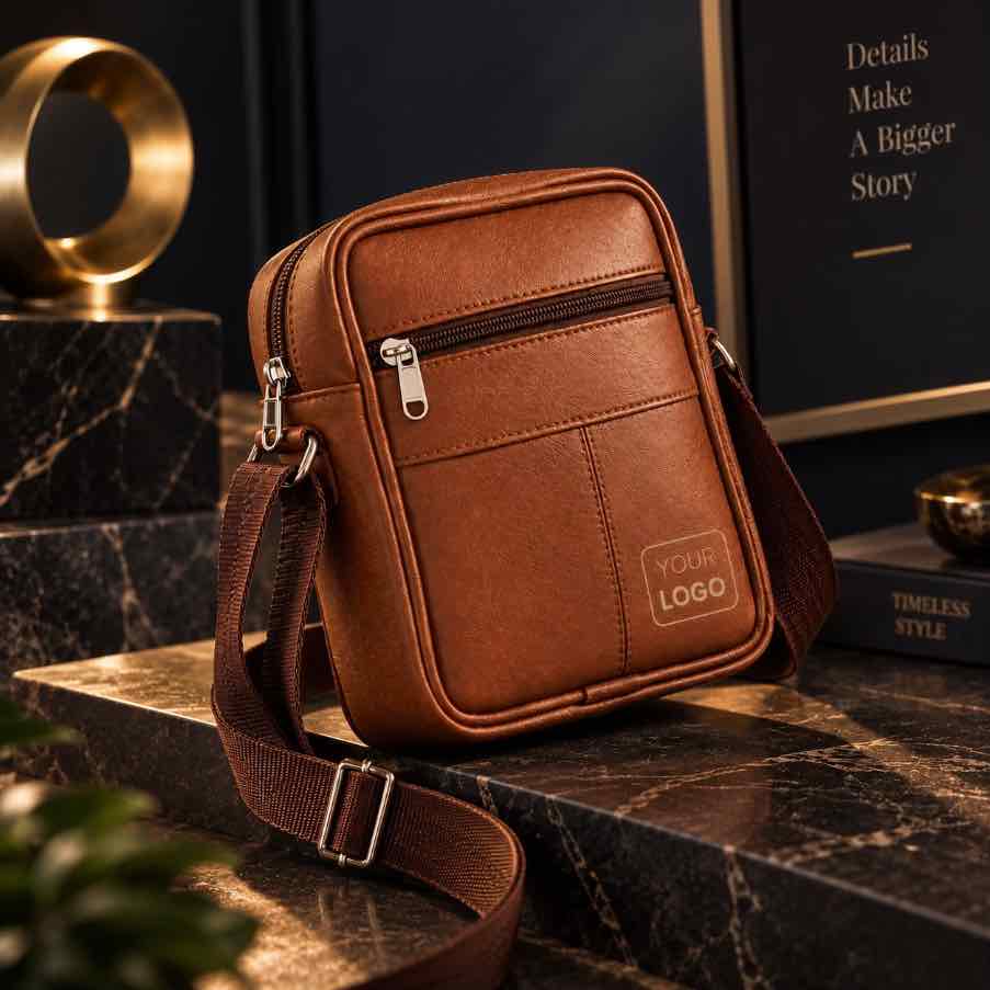 Custom logo leather sling bag angled view on marble surface