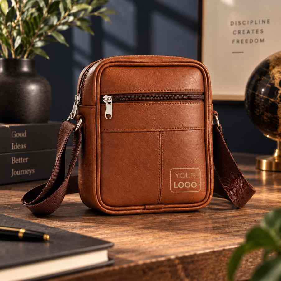 Custom logo leather sling bag with adjustable strap on wooden desk