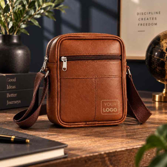 Custom logo leather sling bag with adjustable strap on wooden desk