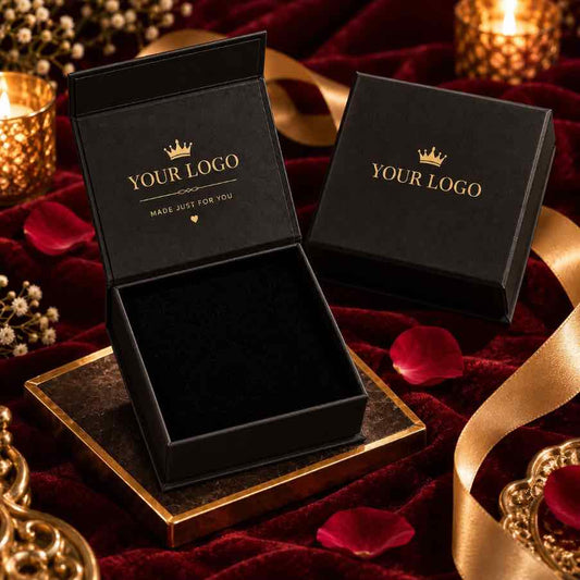 Black custom logo magnetic rigid gift box with gold foil branding, open and closed view